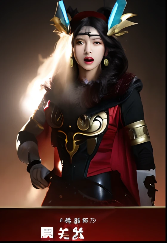 Angry screaming woman in costume holding sword