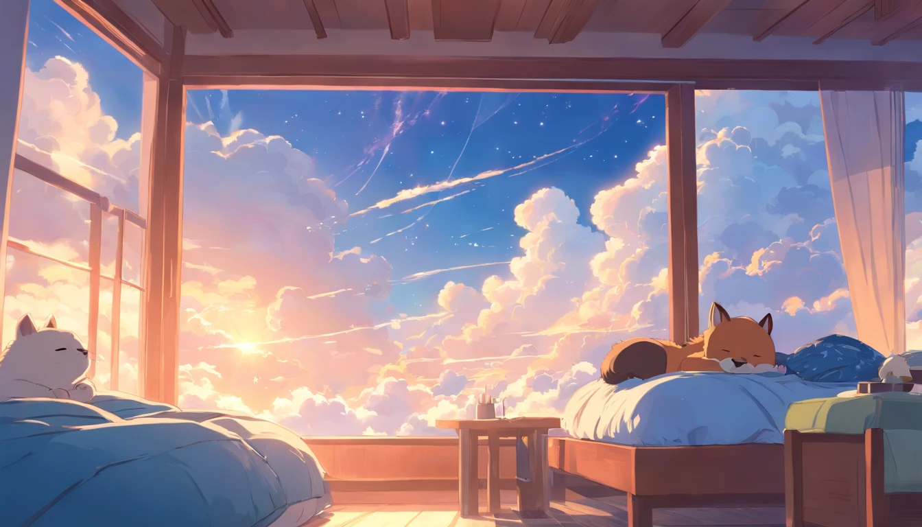 Cute animals sleep, On the clouds,Compact details,Beautiful surroundings,dream magical