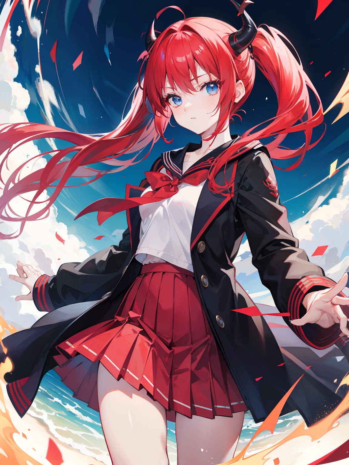 red hair, blue eyes, twintails, Sailor suit,black coat, Dragon horns,Pleated skirt,solo,bow