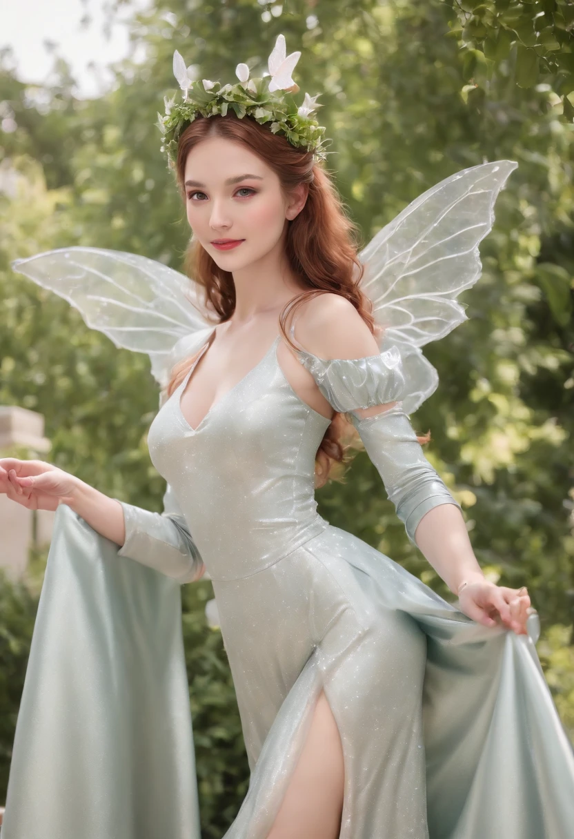 being thin、Photo of gorgeous 20-year-old Finnish fairy wearing (Light blue flowing dress:1.2) And (Delicate fairy wings:1.2), Grinning, (looking in camera:1.1), (Sateen:1.1), On the beautiful seaside:,, masutepiece, Barefoot, (Natural lighting:0.8), 8K, ((Realistic)), F/1.1, , the woods、covering the navel、hiding breast、Hide legs、(Curvaceous)femele(flawless skin:1.11)And(teats:1.1)、A smile、full body Esbian、Beautiful standing figure、Sea Fairy
