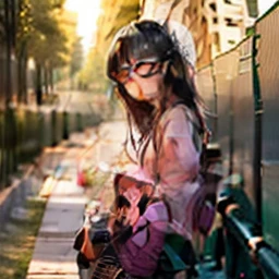 1girl,black_hair,brown_eyes,building,bush,chain-link_fence,city,cityscape,day,eyewear_on_head,fence,fishnet_legwear,fishnets,forest,garden,grass,house,jewelry,lamppost,lips,lipstick,long_hair,looking_at_viewer,nature,necklace,outdoors,palm_tree,park,park_bench,path,photo_background,pink_shirt,pink_skirt,pink_sweater,pond,racket,river,road,skirt,skyscraper,smile,solo,sunlight,tennis_racket,tree,tree_shade