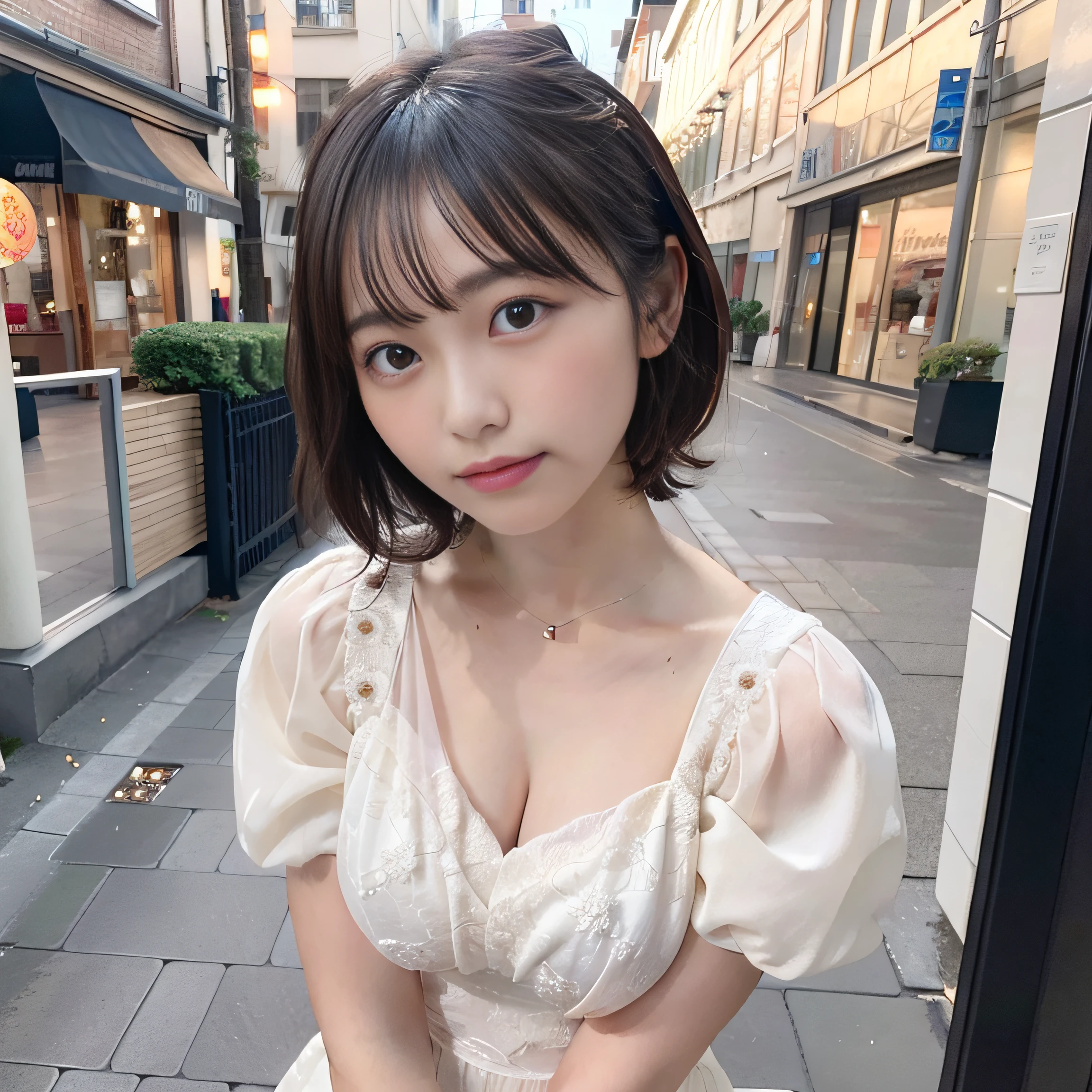 (8K、Raw photography、top-quality、masuter piece:1.2)、ultra-detailliert、ultra res、(realisitic、rialistic photo:1.37)、portlate、high-definition RAW color photography、Professional Photography、highly detailed and beautiful、ighly detailed、8K Picture Wallpaper、amazing detailed、huge filesize、Official art、Highly detailed CG Unity 8K wallpapers、highly detailed beautiful girl、extra detailed face、extremely detailed eye、highlydetailed skin、extremely detailed fingers、highly detailed nose、very detailed detailed mouth、Perfect ???????、细致背景、Detailed clothing、女の子1人、(20:1.2)、in her 20s、Cute little girl s、Realistic body、小柄、de pele branca、glistning skin、Slim body、Handsome body、A dark-haired、short-hair、(fluffy hair: 1.2)、A smile、kawaii、nogizaka、kawaii faces、Lifelike face、Delicate eyes、Sauce order、see -through、耳?????? Ring、Looking at the camera、cowboy shot、front facing、standing athletic pose、Contrapo、动态照明、ultra gigantic tits、cowboy shot、The upper part of the body:1.2、Gravure Pose、beauty legs