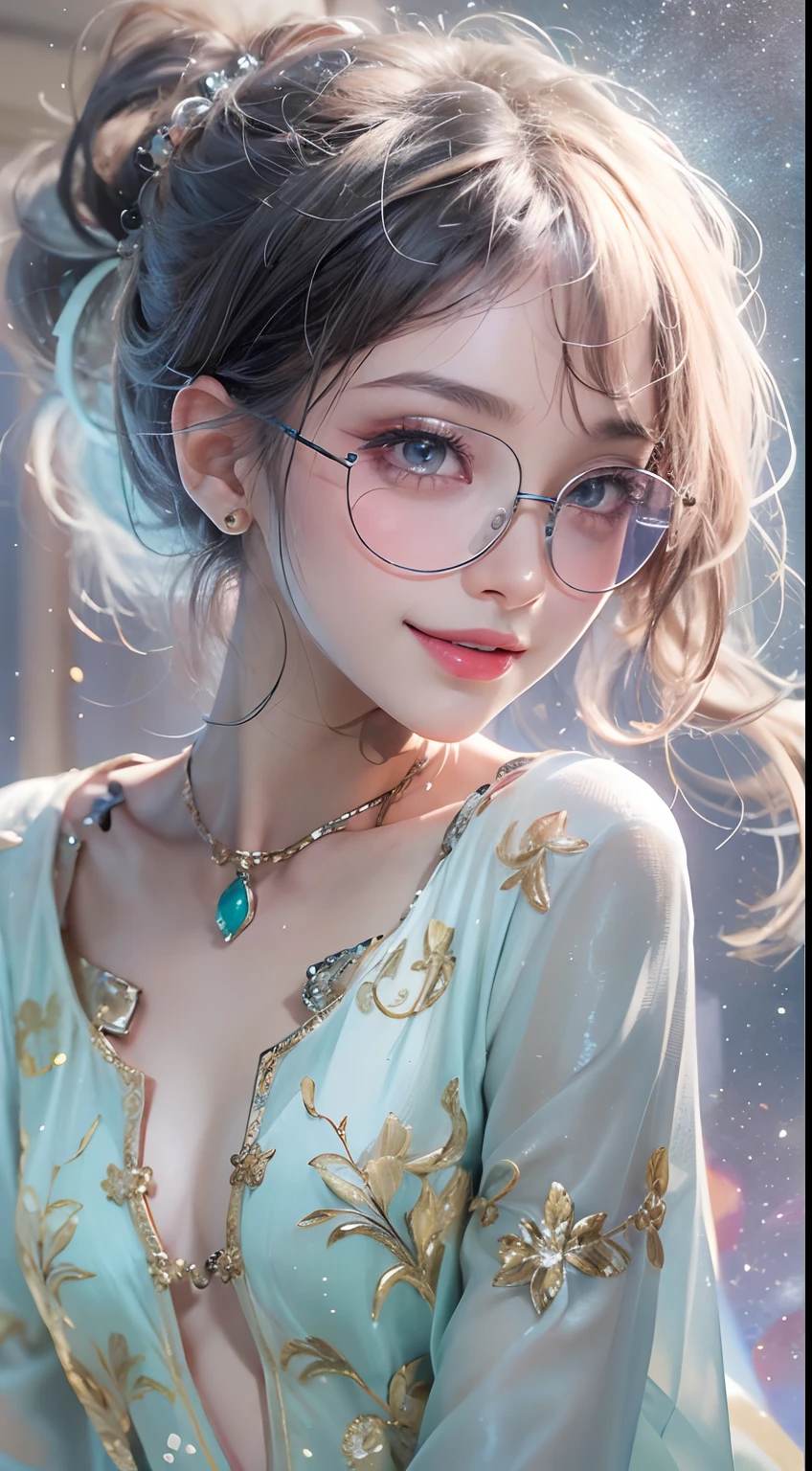1girll,(Captivating quality:1.4),(True textured skins of the highest quality), Delicate face,Black hair, Gradient Hair, petite body,(perfect bodies:1.1), There is a jewel on the forehead, rimless eyewear, PUPILS SPARKLING,long eyelasher,grin, hyperphotorealism, Cinematic lighting, projected inset, surrealism, hyper HD, masutepiece, 16 K,Lie down,Dream On,Please wear clear silk pajamas,Carmelto,legs slightly open,tattooed,Fantasy space,Luxurious space,The light is shining