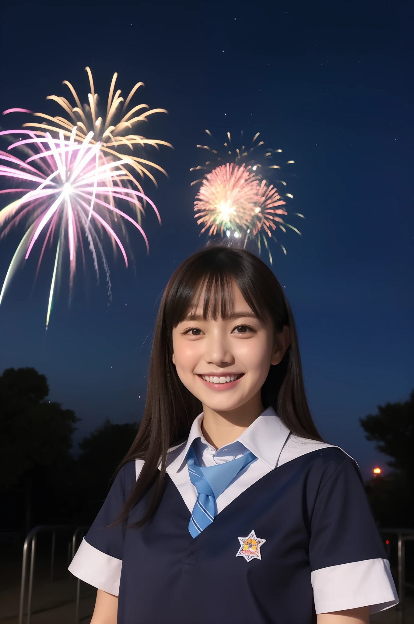 A smile、hi-school girl、校服、shortsleeves、An amusement park、While doing fireworks、starrysky、Aurora