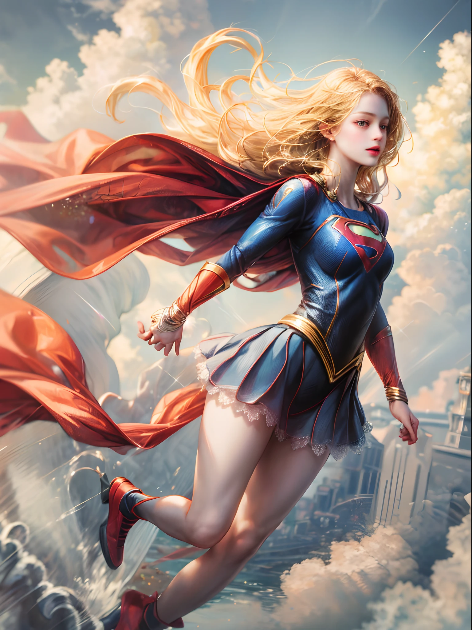 (best quality,absurdres,highres,ultra detailed:1.2),1girl,solo,very long blonde hair,supergirl:1.10,cloud,flying:1.4,illustration,vivid colors,soft lighting,anatomy correct,The body is beautifully proportioned