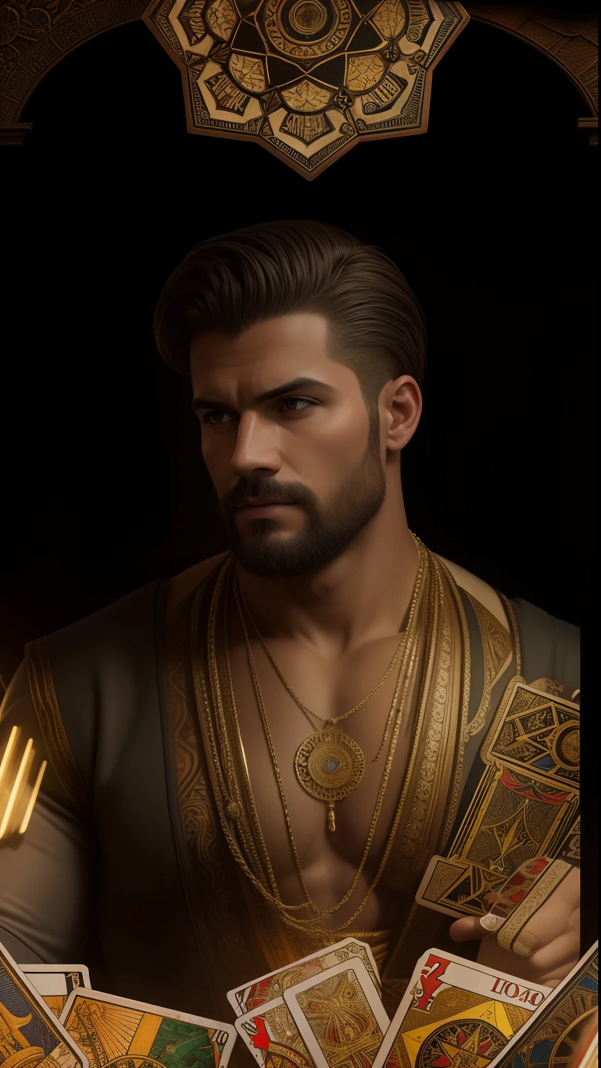 homem cigano, holding multiple tarot cards with ultrarealism and perfection, Realismo, renderizado, Alto contraste, digital art photographyrealistic trend in Artstation 8k HD high definition detailed realistic, detalhado, textura da pele, hiper detalhado, textura de pele realista, armadura, melhor qualidade, ultra high-resolution, (fotografiarrealista: 1.4), alta resolução, detalhado, Calado bruto, sharp re, por lee jeffries Nikon D850 Filme Fotografia de Stock 4 Kodak Portra 400 Lente F1.6 Rich Colors Realistic Texture Dramatic Texture Dramatic Lighting Irrealengine Trend on Artstation Cinestill 800