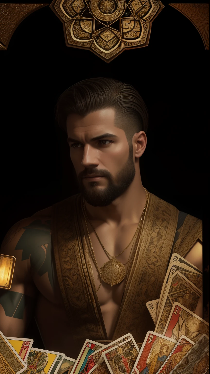 homem cigano, holding multiple tarot cards with ultrarealism and perfection, Realismo, renderizado, Alto contraste, digital art photographyrealistic trend in Artstation 8k HD high definition detailed realistic, detalhado, textura da pele, hiper detalhado, textura de pele realista, armadura, melhor qualidade, ultra high-resolution, (fotografiarrealista: 1.4), alta resolução, detalhado, Calado bruto, sharp re, por lee jeffries Nikon D850 Filme Fotografia de Stock 4 Kodak Portra 400 Lente F1.6 Rich Colors Realistic Texture Dramatic Texture Dramatic Lighting Irrealengine Trend on Artstation Cinestill 800