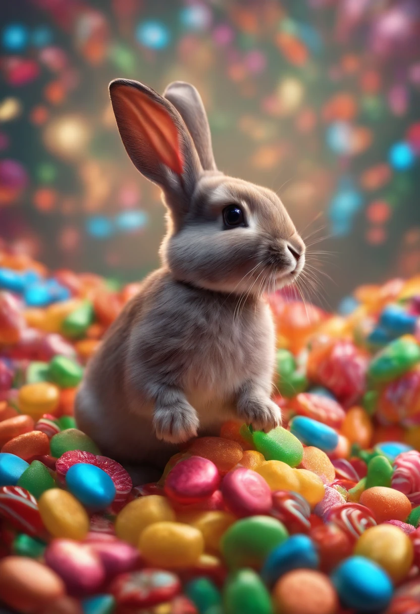 a bunny standing on top of a pile of candy, trending on Artstation, psychedelic art, beautiful art uhd 4 k, profile picture 1024px, amazing colors, absolutely outstanding image