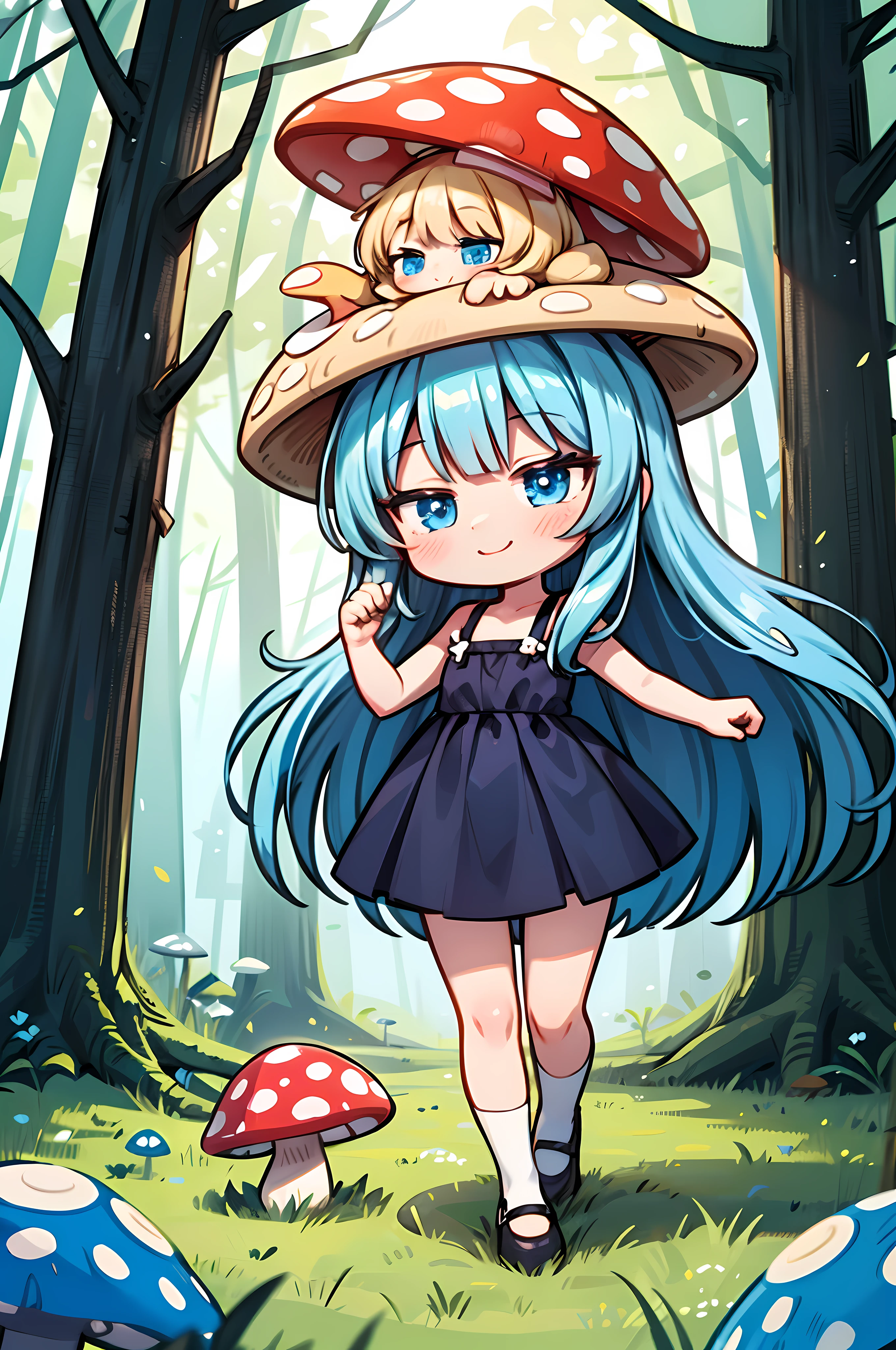 chibi girl, solo, blue eyes, long hair, soft focus, mushroom on head, cinematic lighting, cinematic composition, full body, attractive smile, mushroom forest background