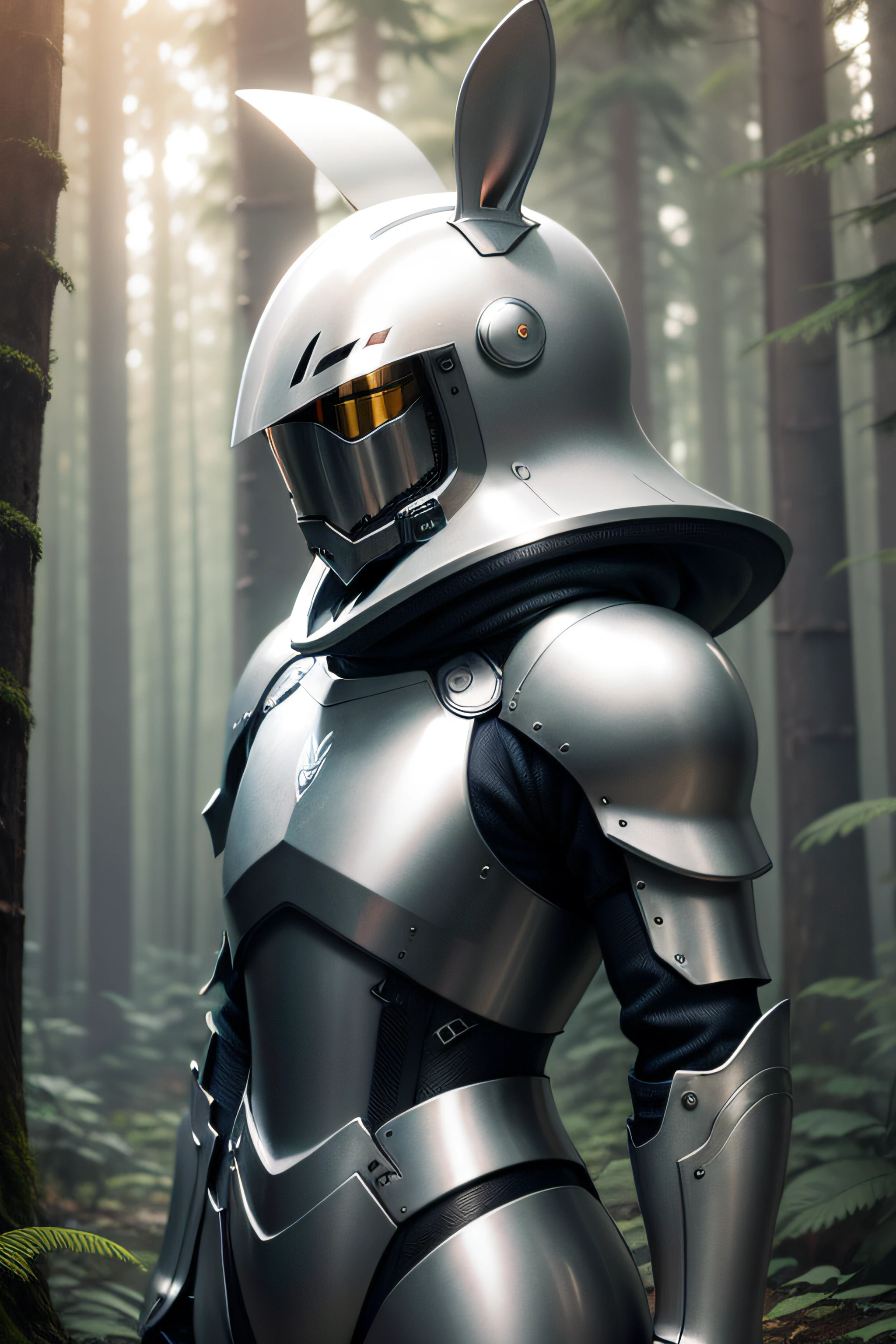 small White Rabbit clad in titanium armour matte silver color, background forest clearing tall trees