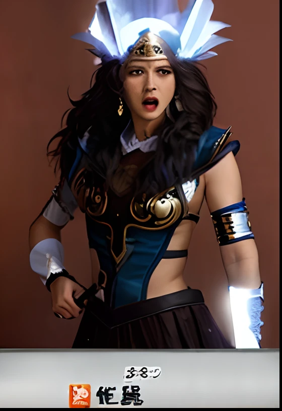 Angry screaming woman in costume holding sword