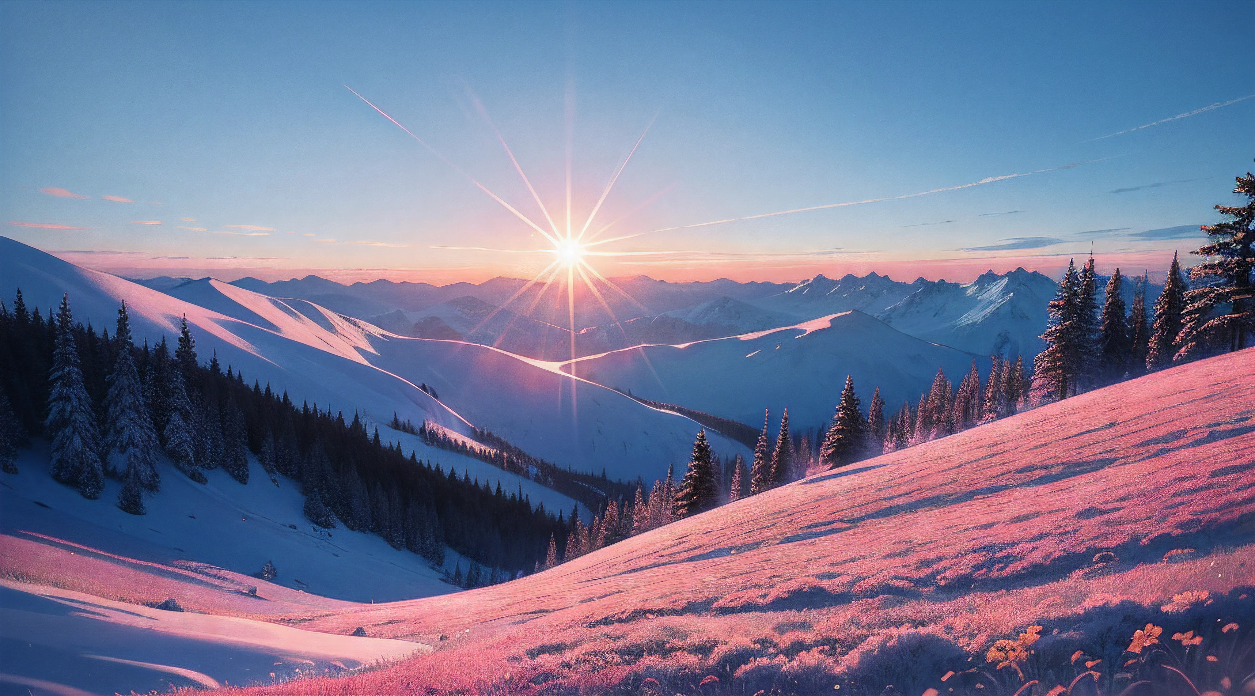 Stand on the mountainside of the pink forest，Look up at the sun at 10 a.m