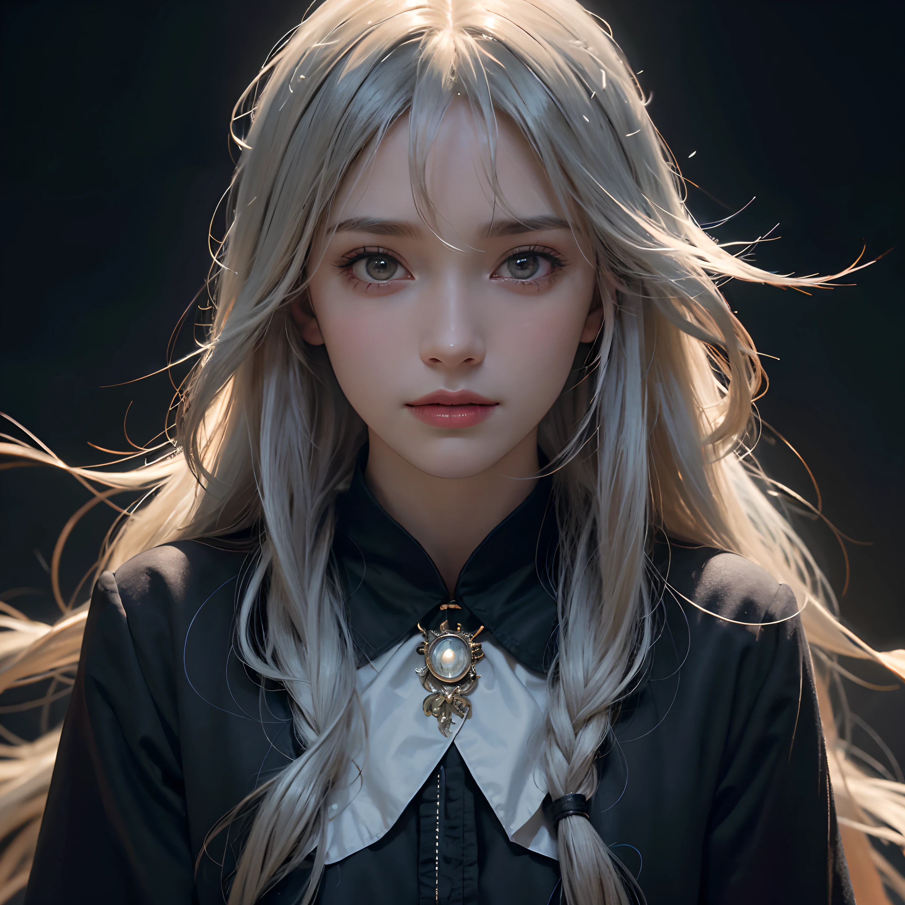(front focus), (in the dark:1.6), Hyperrealist portrait of female by david hockney and alphonse mucha, fantasy art, photo realistic, dynamic lighting, artstation, poster, volumetric lighting, very detailed faces, 4 k, award winning, 1girl, in the dark, deep shadow, low key, cowboy shot, (official clothing:1.4), long hair, white hair, smile, ultra detailed skin,