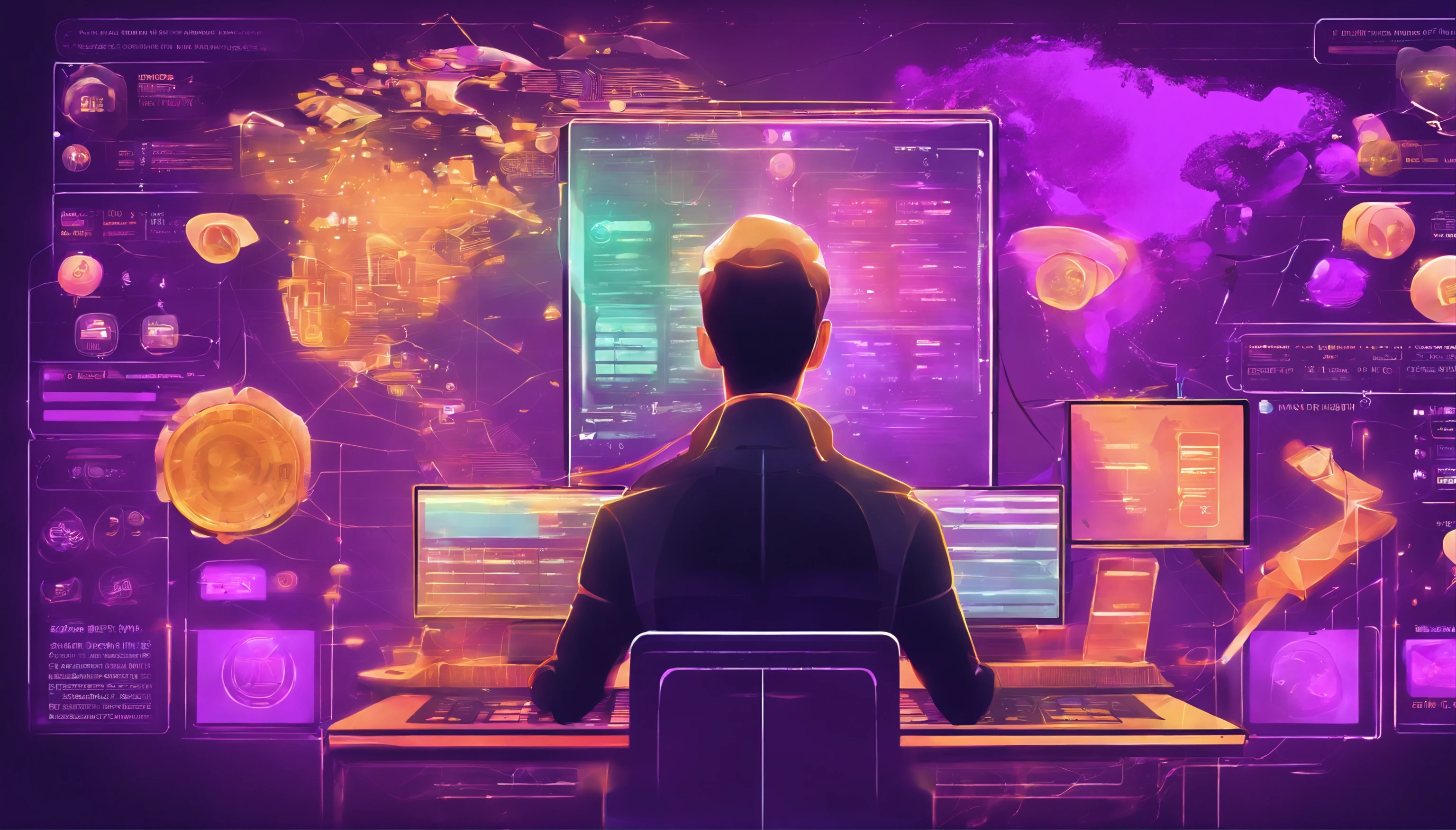 manager handelling dashboard with various knobs and buttons, surrounded by violet bloom, gradient fill , vector, icons of money , people. mesh network in the brackground. Dramatic lighting , wide field of view. dark mode, glow of icons, rim lighting with bloom