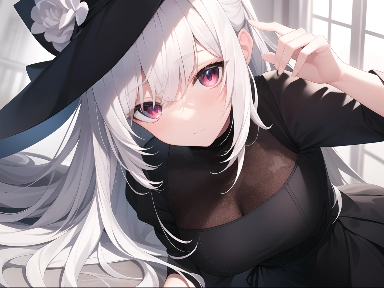 ((Masterpiece, Best quality))++, Detailed light+, Detail hair+, detail hand+ ,1girll, woman, Long hair, Crimson eyes, Beautiful eyes, Young gray hair,,(Beautiful white hair:1.5),(Beautiful detailed eyes), high resolution+, blacksilk , a black skirt, Glass tones, Reflective eyes, {{Angle}} , extremelydetailedwallpaper, Original, ,
