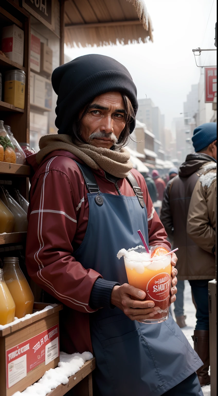 Male vendors sell drinks to customers,The weather is winter