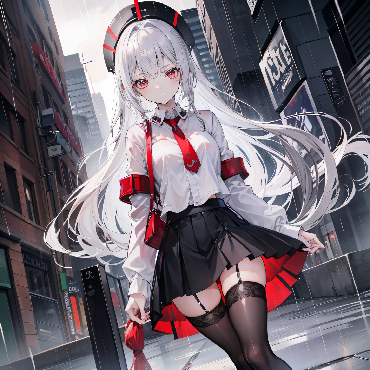 18 years old female, Silver hair, Red eyes, Long hair, Wear a shirt skirt in the rain，black lence stockings，