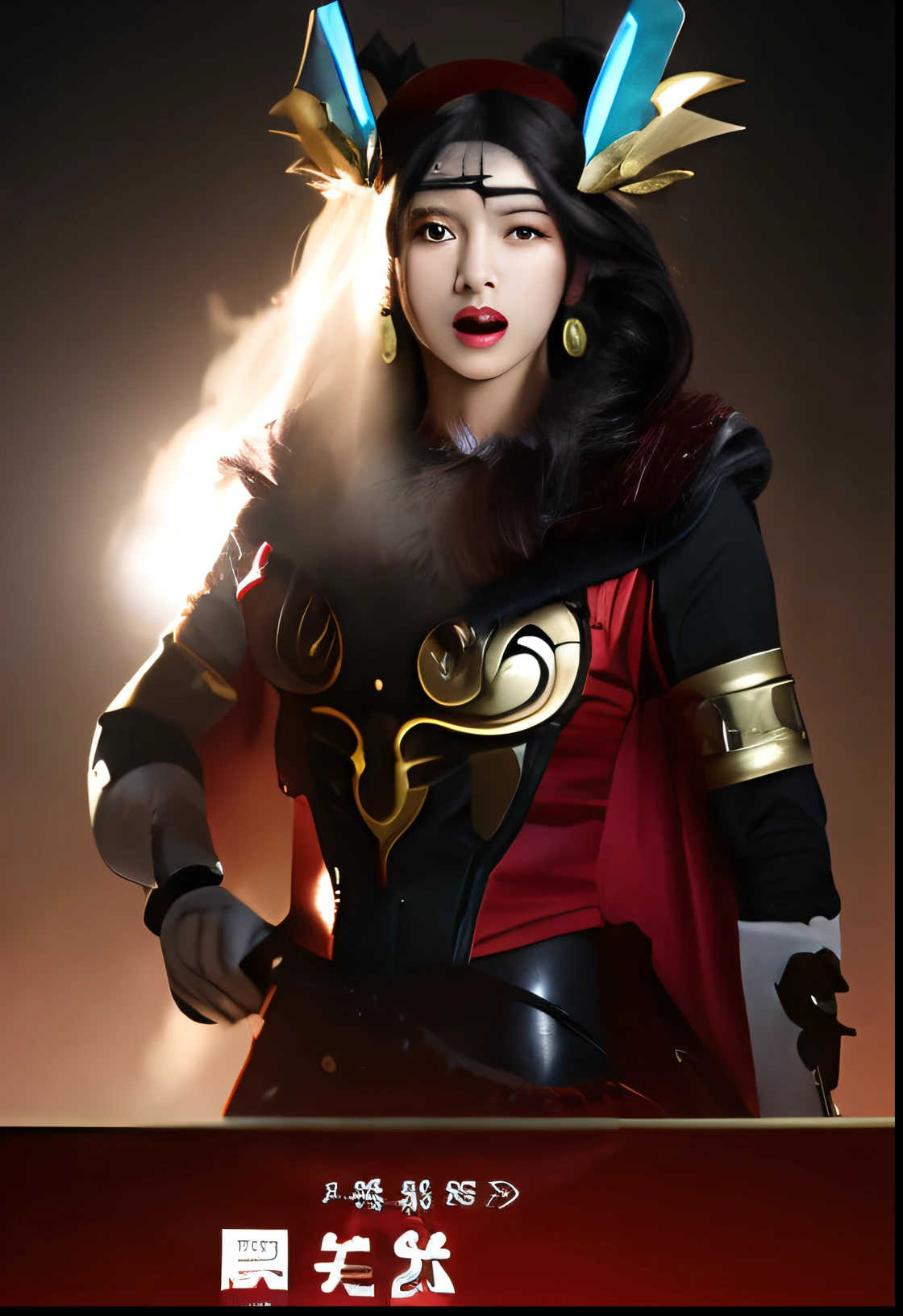 Angry screaming woman in costume holding sword