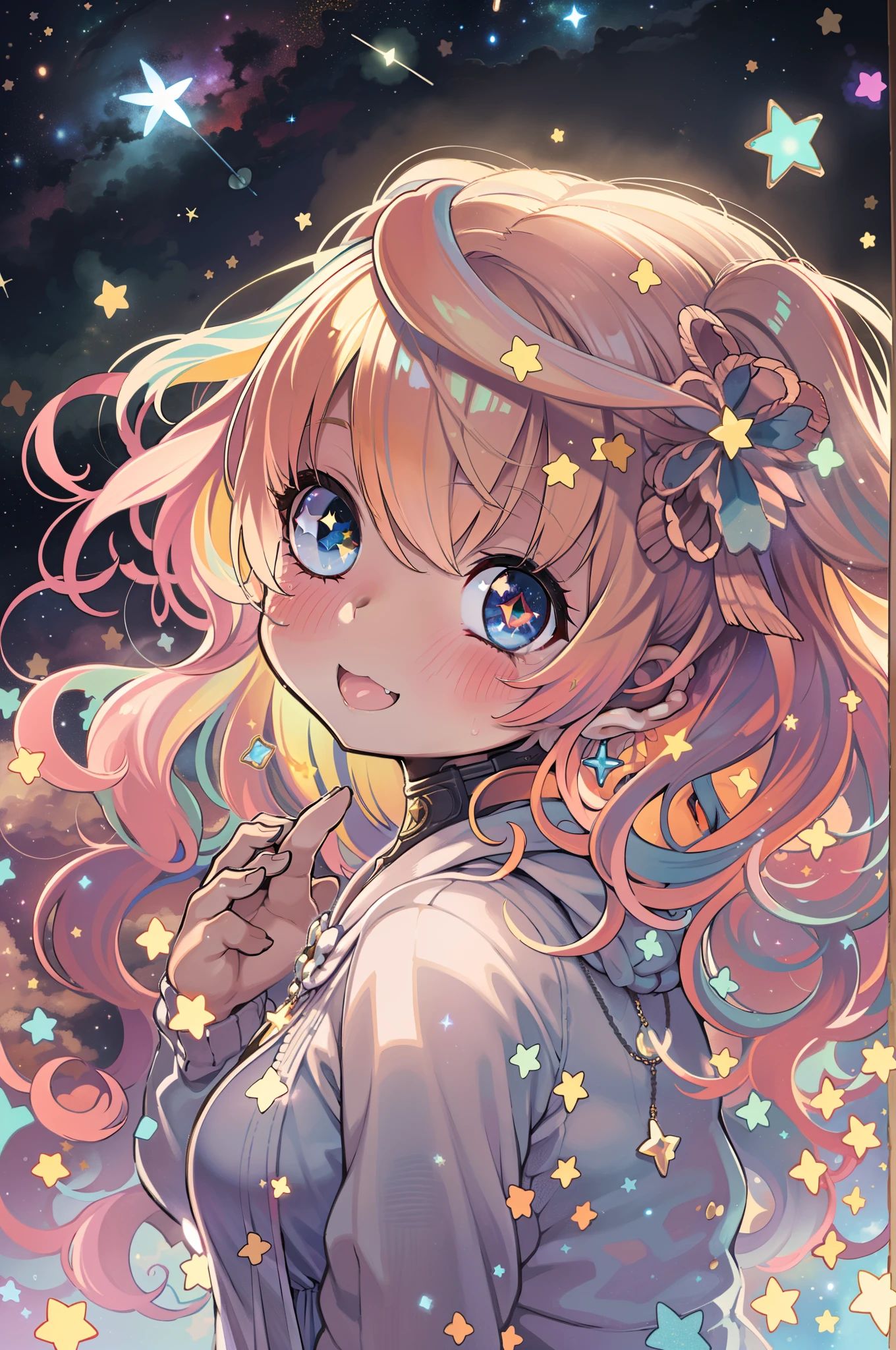 high detailing, Super Detail, 超A high resolution, Girl enjoying her time in the galaxy of dreams, surrounded by stars, Warm light sprinkled on her, Starry sky with colorful galaxy and galactic clouds in the background, Stars flying around her, Delicate face, Add a playful atmosphere , --V6