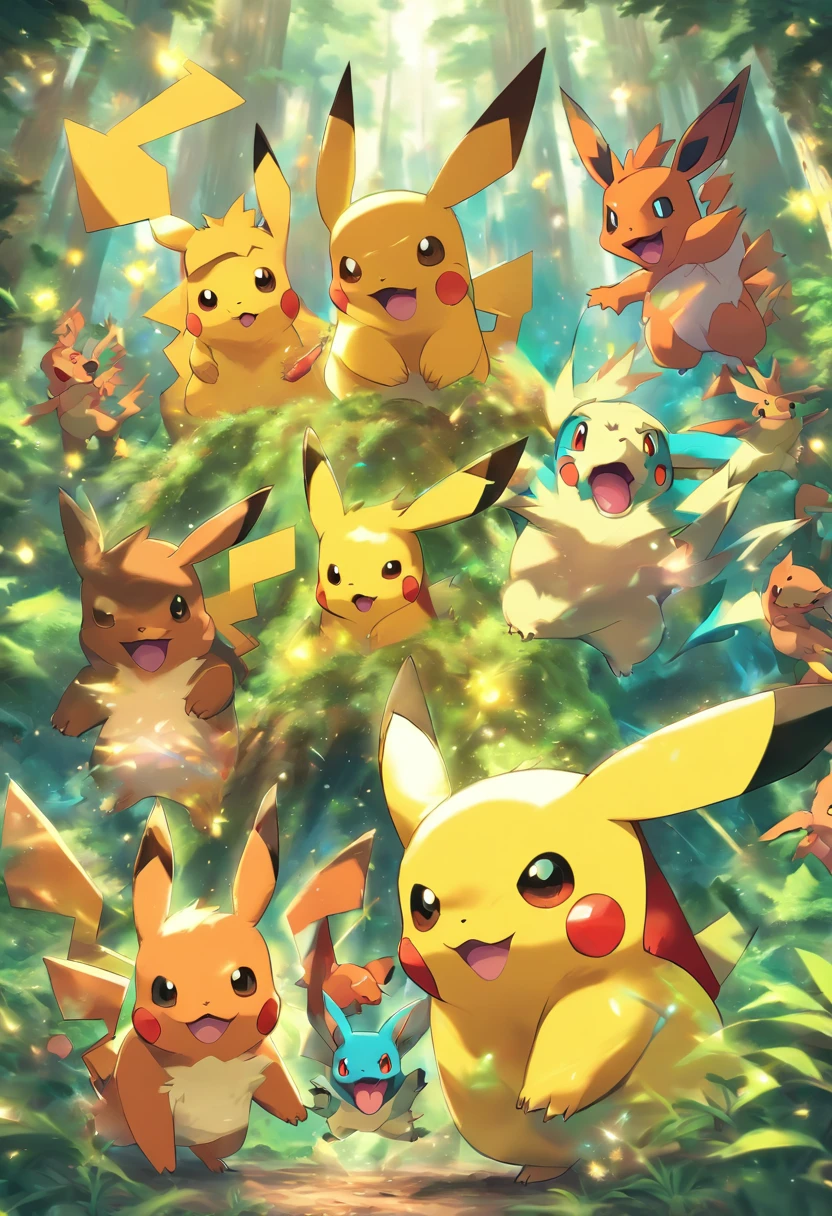 A vibrant Pokémon-themed T-shirt design featuring Pikachu, Charizard, and Eevee embarking on an epic adventure through a lush, mystical forest filled with hidden surprises, a sense of camaraderie and exploration, Illustration, digital art with a focus on character expressions