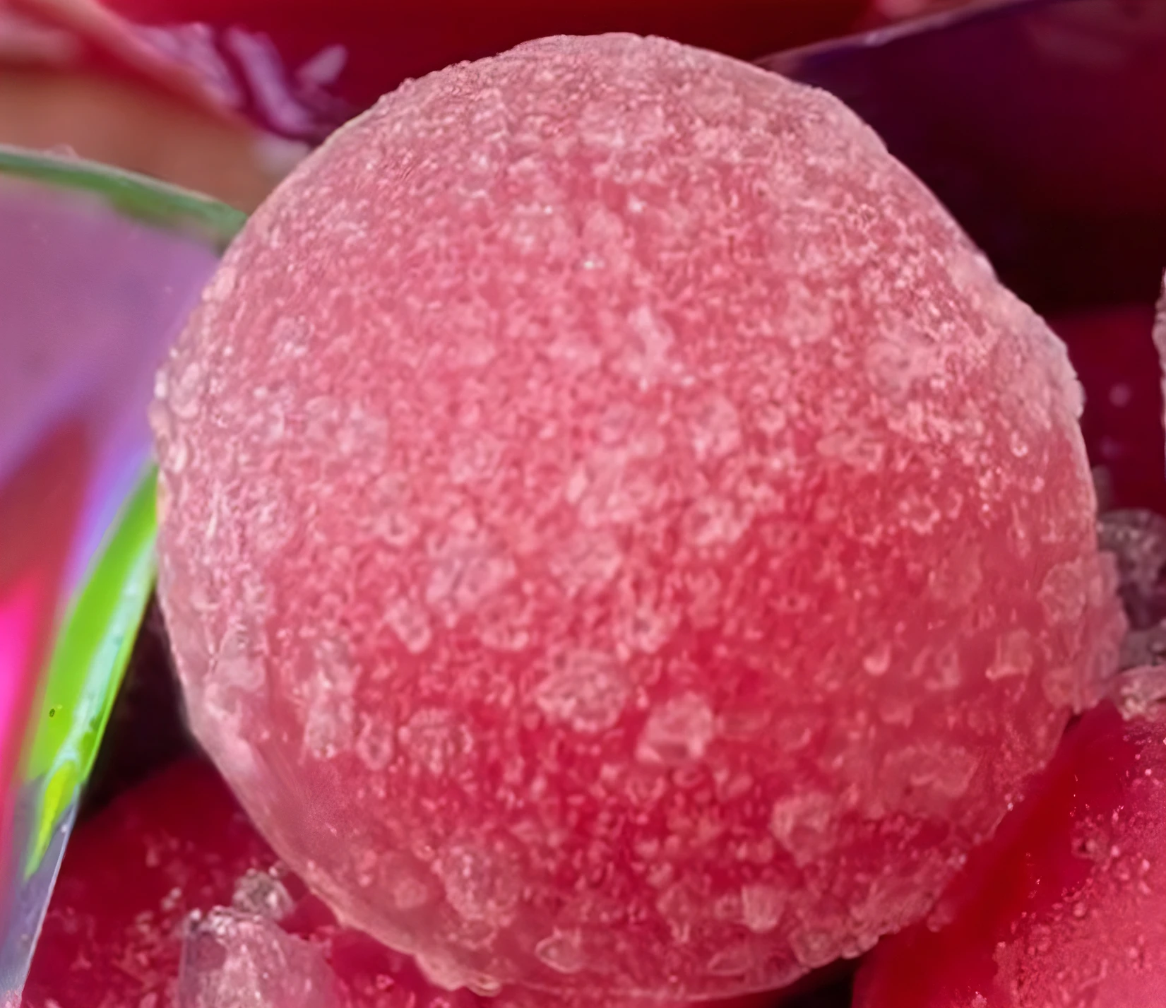Close up of pink puck on transparent background, spherical,round form,The material is ice, Made of purple ice, Delicate,Purple planet with frost, icecream,hd illustration, 8K, commerciaphotography,The background is transparent,3D,Solid