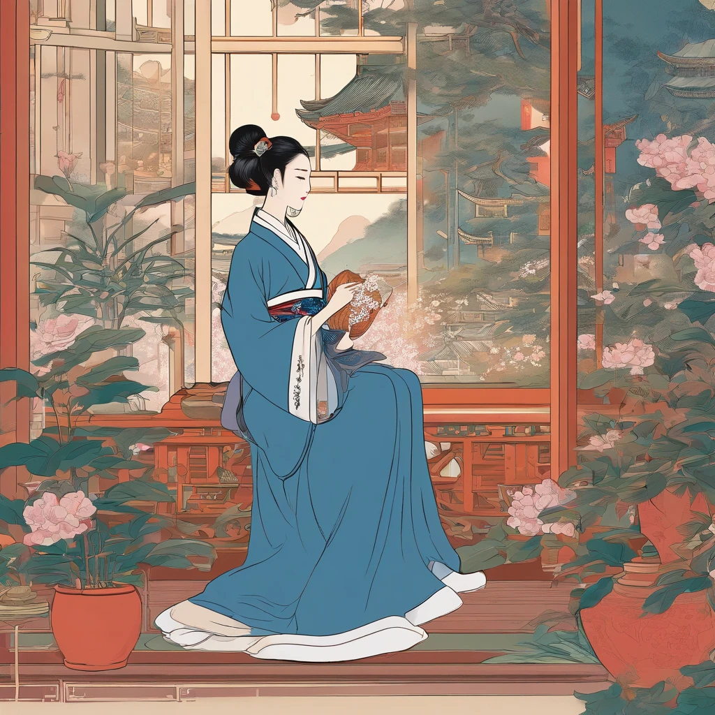 Qing dynasty aesthetic home,sofe,catss,Beautuful Women,tvp,big window,lots of plants,There is a moon at night,Blue and white porcelain color matching