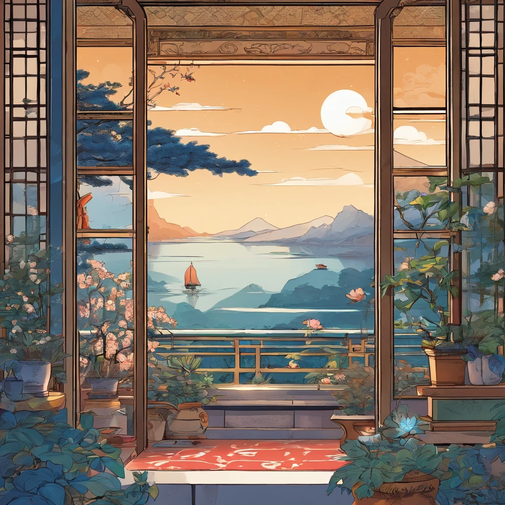 Qing dynasty aesthetic home,sofe,catss,Beautuful Women,tvp,big window,lots of plants,There is a moon at night,Blue and white porcelain color matching
