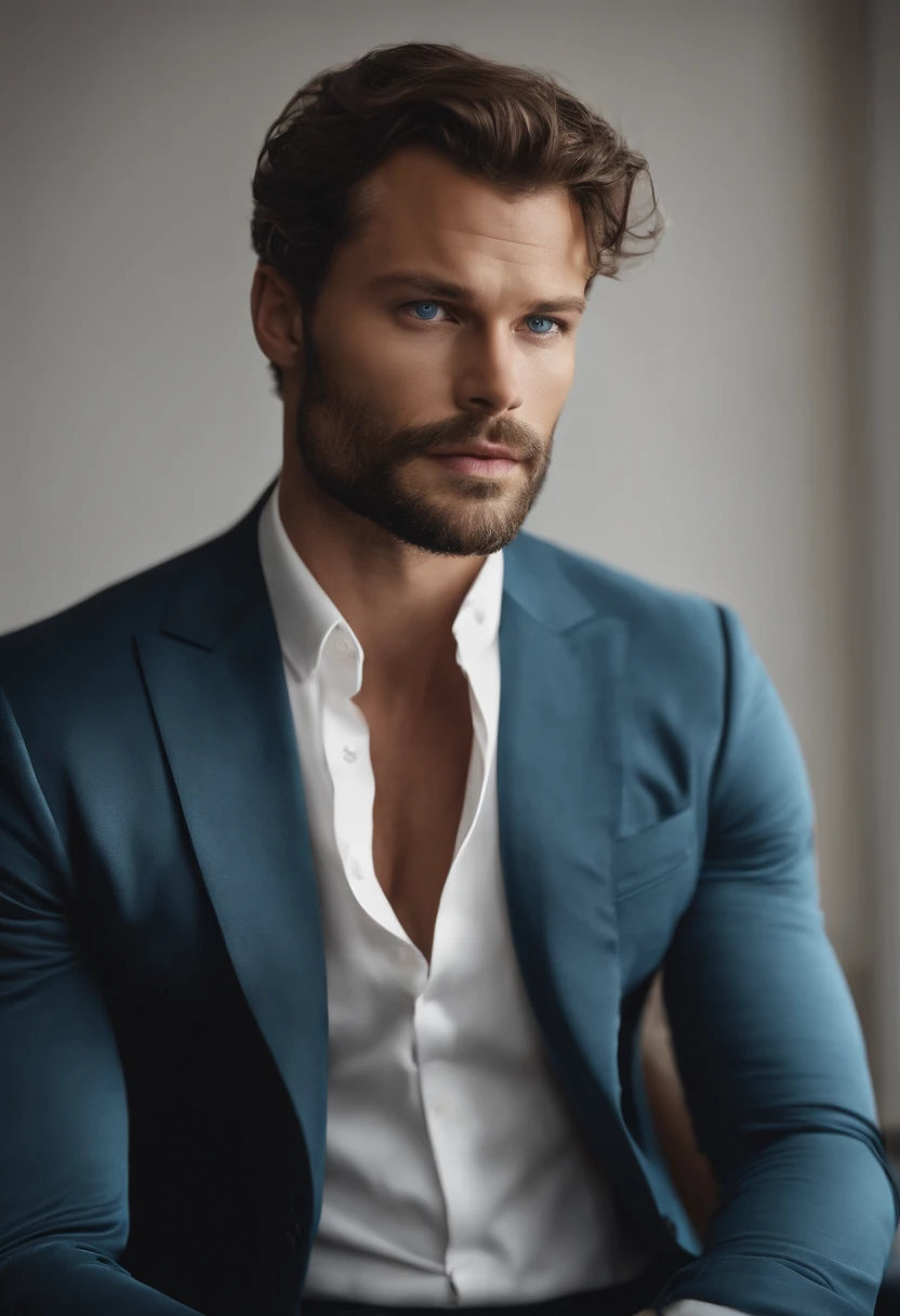 (Man in stylish costume),(blue eyes) (Portrait) attractive and serious appearance, dark brown  hair, Stylish and elegant, and a strong body T-shirt, A man similar to actor Jamie Dornan, (High-quality, realistic images), Scandinavian apartment with designer furniture and blue wall paint on background, ((Best Quality, 8K, ​masterpiece). (very real)