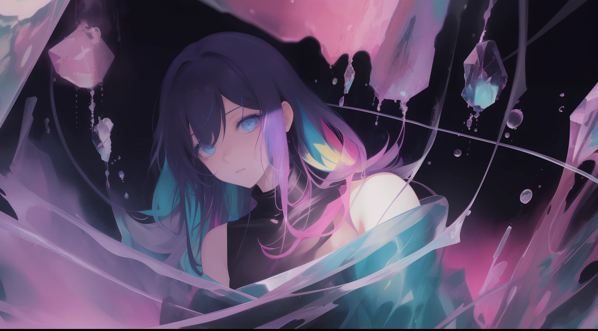 art by yaguru magiku, (001glitch-core, dreamcore), 8sconception, alberto-mielgo, anime-background-style-v2, Super Quality, Vaporwave,Synth Wave,weirdcore, dreamy, full body
(masterpiecebest quality,1girl,petite,Depth of field,lens flare,extremely detailed,8k wallpaper,Amazing,beautiful detailed eyes,finely detail,score:>=10,Water, ocean, crystal, water droplets,)
Visual effects:movie lights, [[red, blue, green, yellow, black, white, pink, purple, cowboy shot, ((colorful)), ink and wash painting, delicate and beautiful girl, ((illustration)), ((floating hair)), ((chromatic aberration))]]