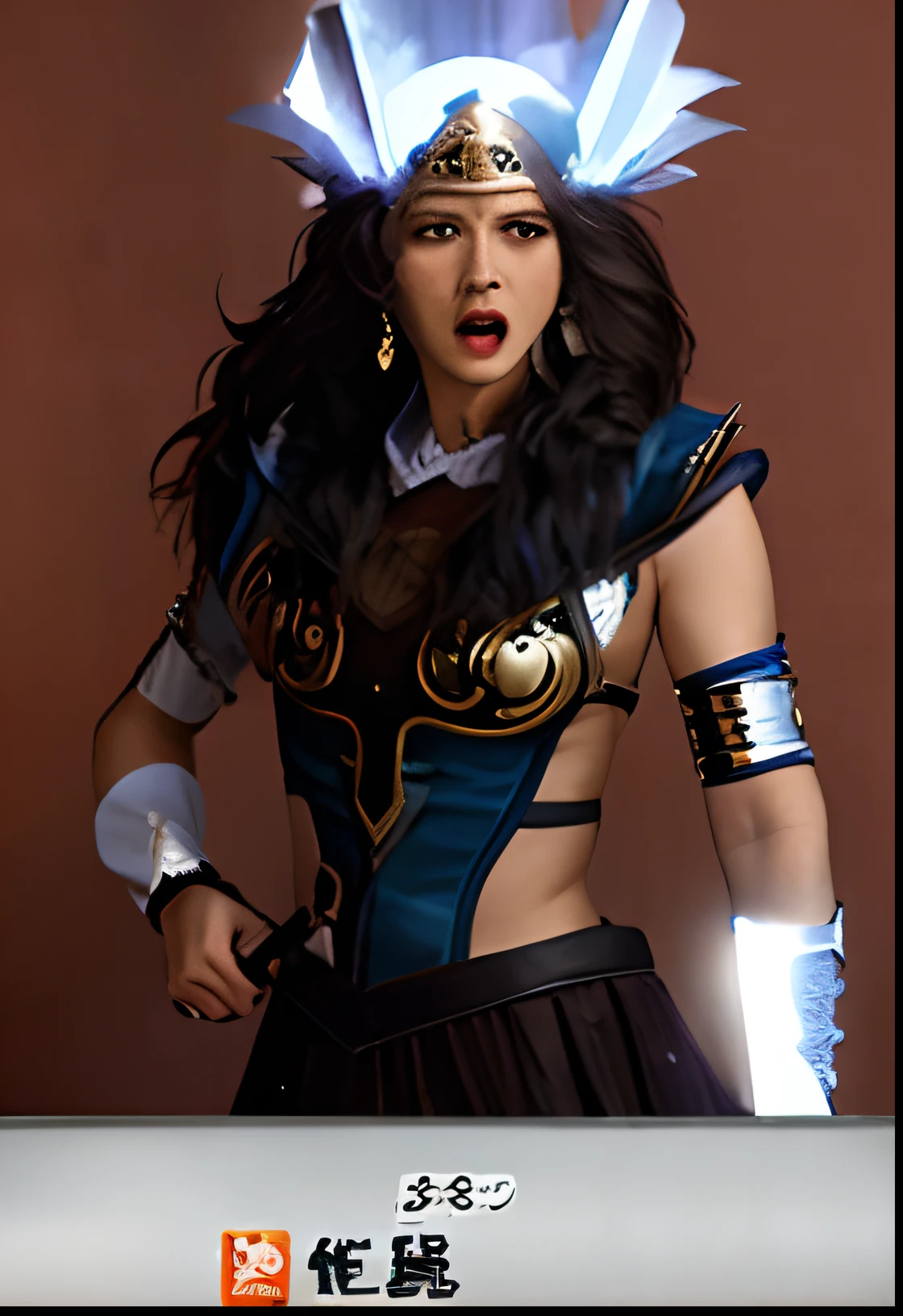 Angry screaming woman in costume holding sword