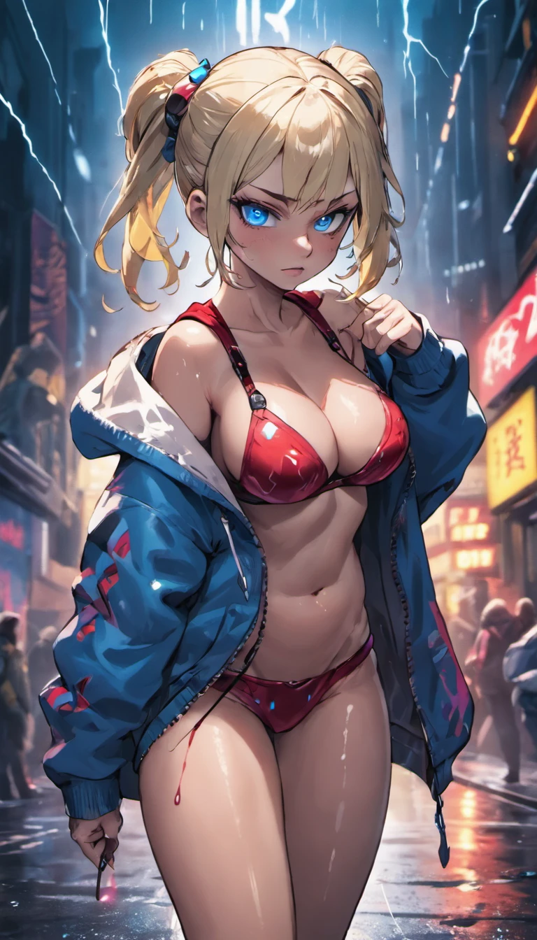 close up photograph, Confident young cyberpunk woman，blonde with blue eyes，Gray hair bun, Wear a hoodie with a red and blue pattern, On the streets soaked with rain at night, Photorealistic, Cinematic lighting，Bigchest，big breasts thin waist，long leges，Bare breasts