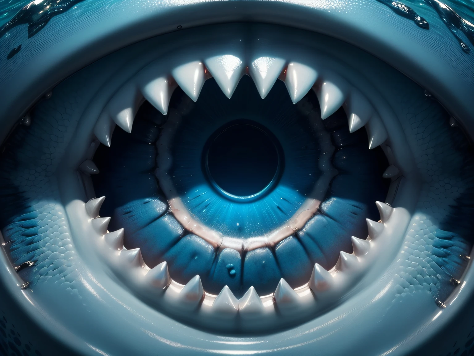(best quality, realistic, ultra-detailed), shark up close, detailed shark eyes and teeth, realistic shark skin texture, deep blue ocean background, dramatic lighting, underwater scene, high resolution, vivid colors, intense atmosphere, underwater shadows and reflections, professional underwater photography style
