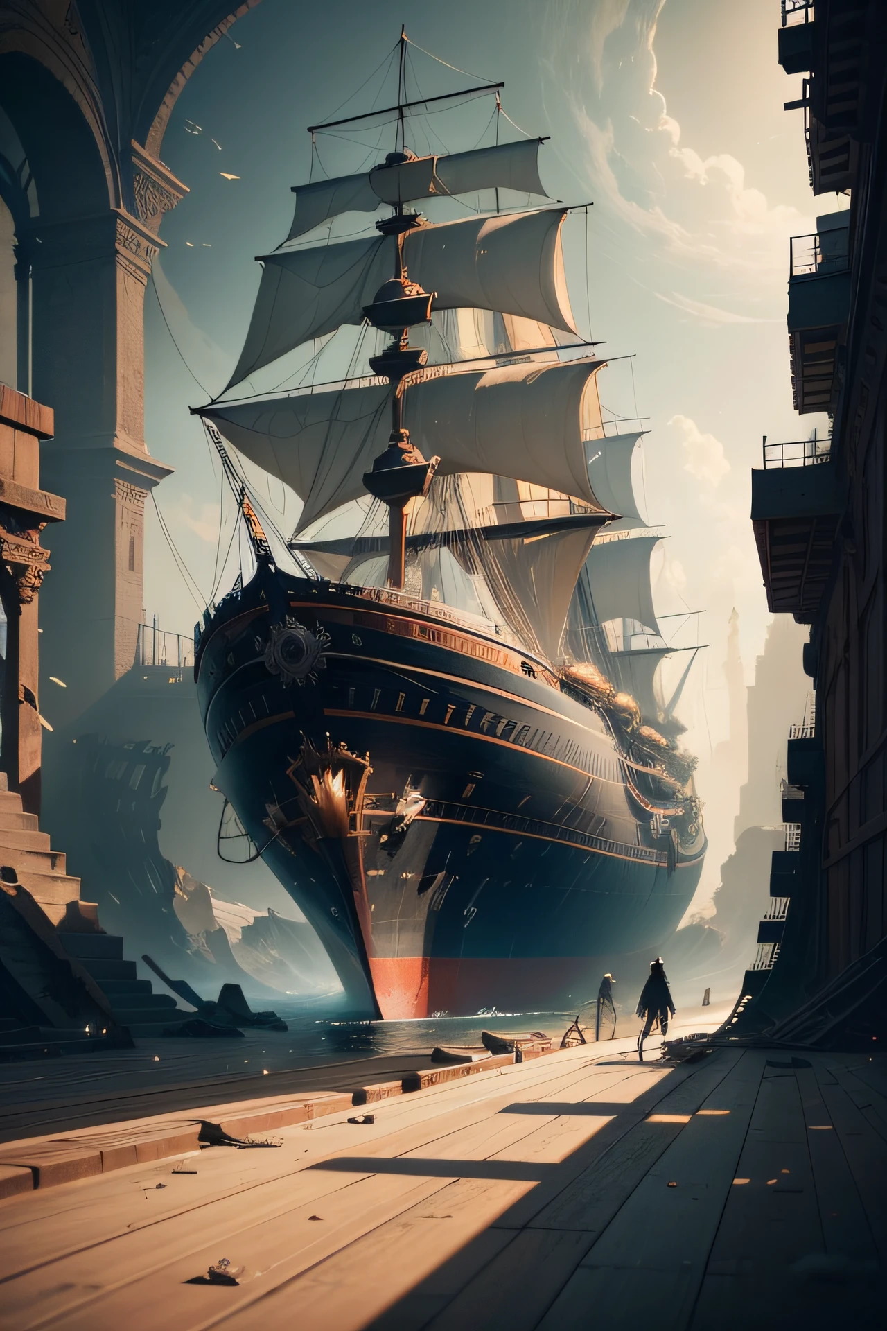 Reflect on the Ship of Theseus paradox, where all the parts of a ship are replaced over time. Is the 'restored' ship still the same entity? Apply this paradox to questions of personal identity and change, extremely detailed, unreal engine, illustration.