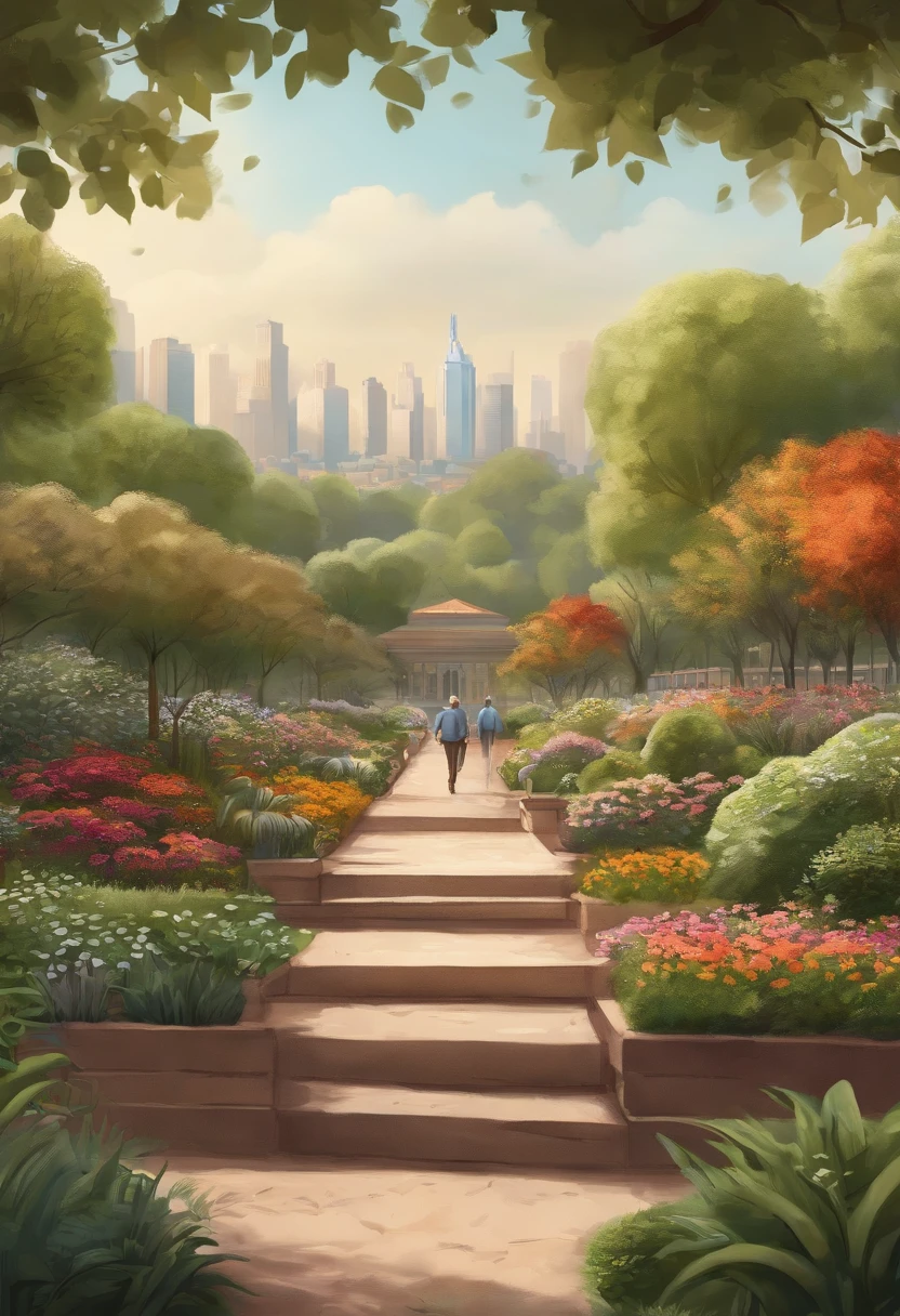 Draw an illustration of an urban park in cutting perspective so that the interior of the soil is visible, this healthy and diverse soil, Include diverse trees and plants, Also include people in the scene doing activities like biking and walking.