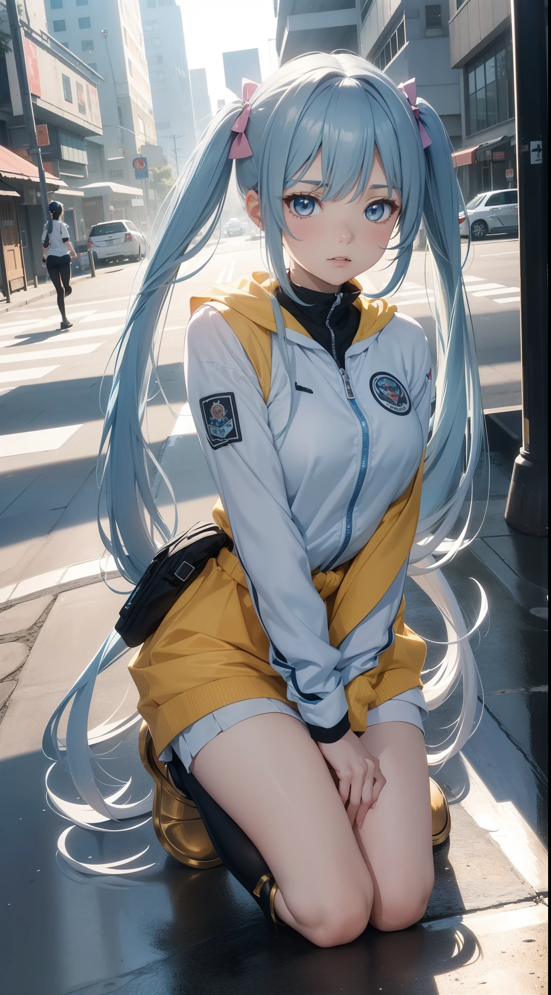 masterpiece,8K,超A high resolution,Detailed description,Smooth depiction,Accurate rendering,Inverted triangle composition,((Light blue twin tails,Round Hair Tie)),((beautiful golden eyes)),skin whitening,-yeld Wern-style beautiful girl in anime style,Wearing a cyberpunk style uniform, Metallic boots,Overhead scenery,Full body depiction,Splash Art Style,
