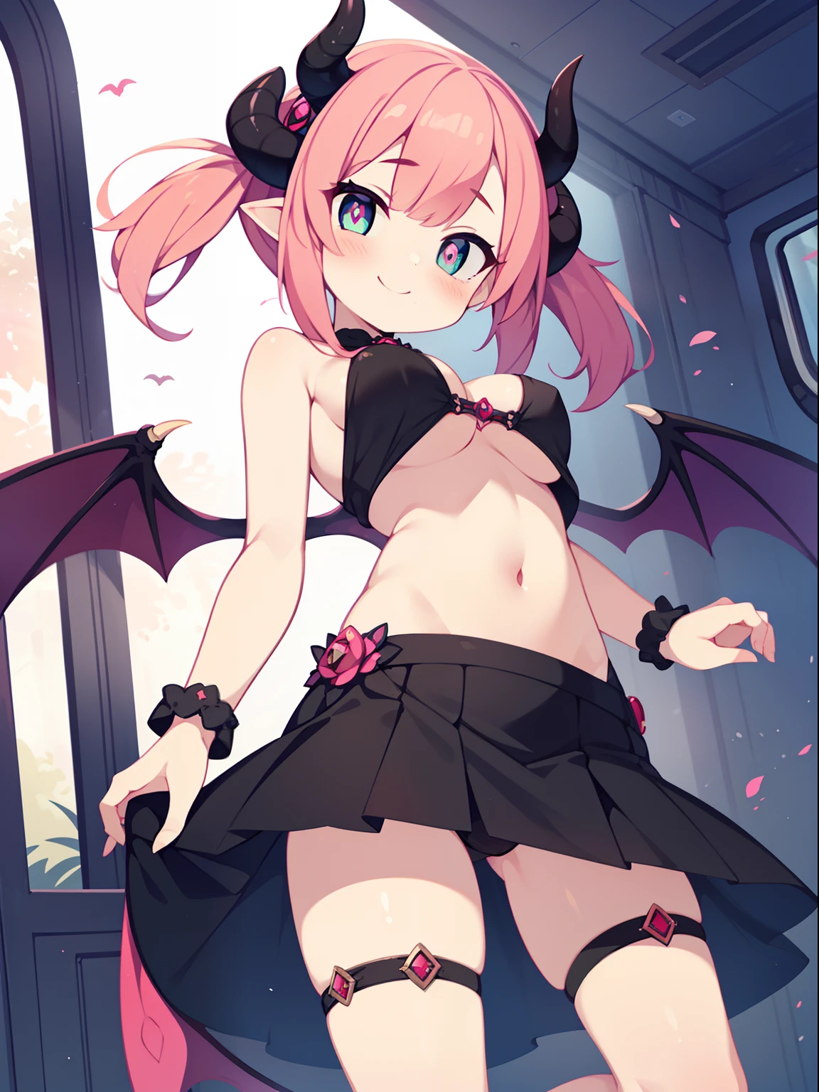 (1girl in:1.2), (Solo:1.2), masutepiece, nffsw、Shaders、Brilliant Textured Work、Ultra-detailed eyes、ultra-intricate pupil in eyes、top-quality、shocking pink hair、Vivid Color、Standing picture of the game、succubus、Succubus clothes、underboob、Succubus horns、Succubus Wings、Succubus tail、Succubus miniskirt、pantie shot、skinny legs、Raw feet、greenhorn、bare hand、evil smile、Pink blush、Showing the soles of the feet、Black costume、Succubus Accessories、Varane、