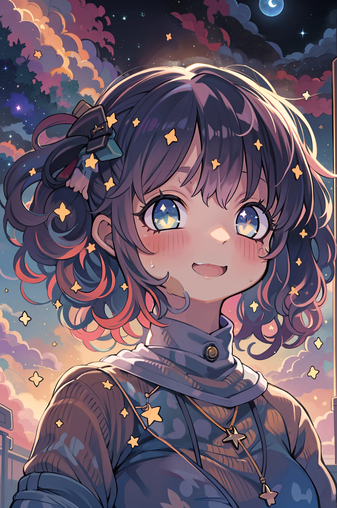 high detailing, Super Detail, 超A high resolution, Girl enjoying her time in the galaxy of dreams, surrounded by stars, Warm light sprinkled on her, Starry sky with colorful galaxy and galactic clouds in the background, Stars flying around her, Delicate face, Add a playful atmosphere , --V6