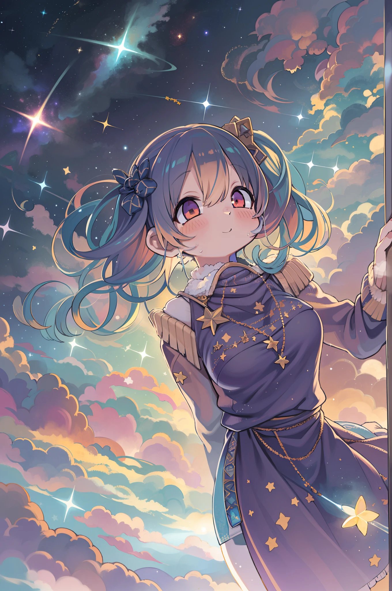 high detailing, Super Detail, 超A high resolution, Girl enjoying her time in the galaxy of dreams, surrounded by stars, Warm light sprinkled on her, Starry sky with colorful galaxy and galactic clouds in the background, Stars flying around her, Delicate face, Add a playful atmosphere , --V6