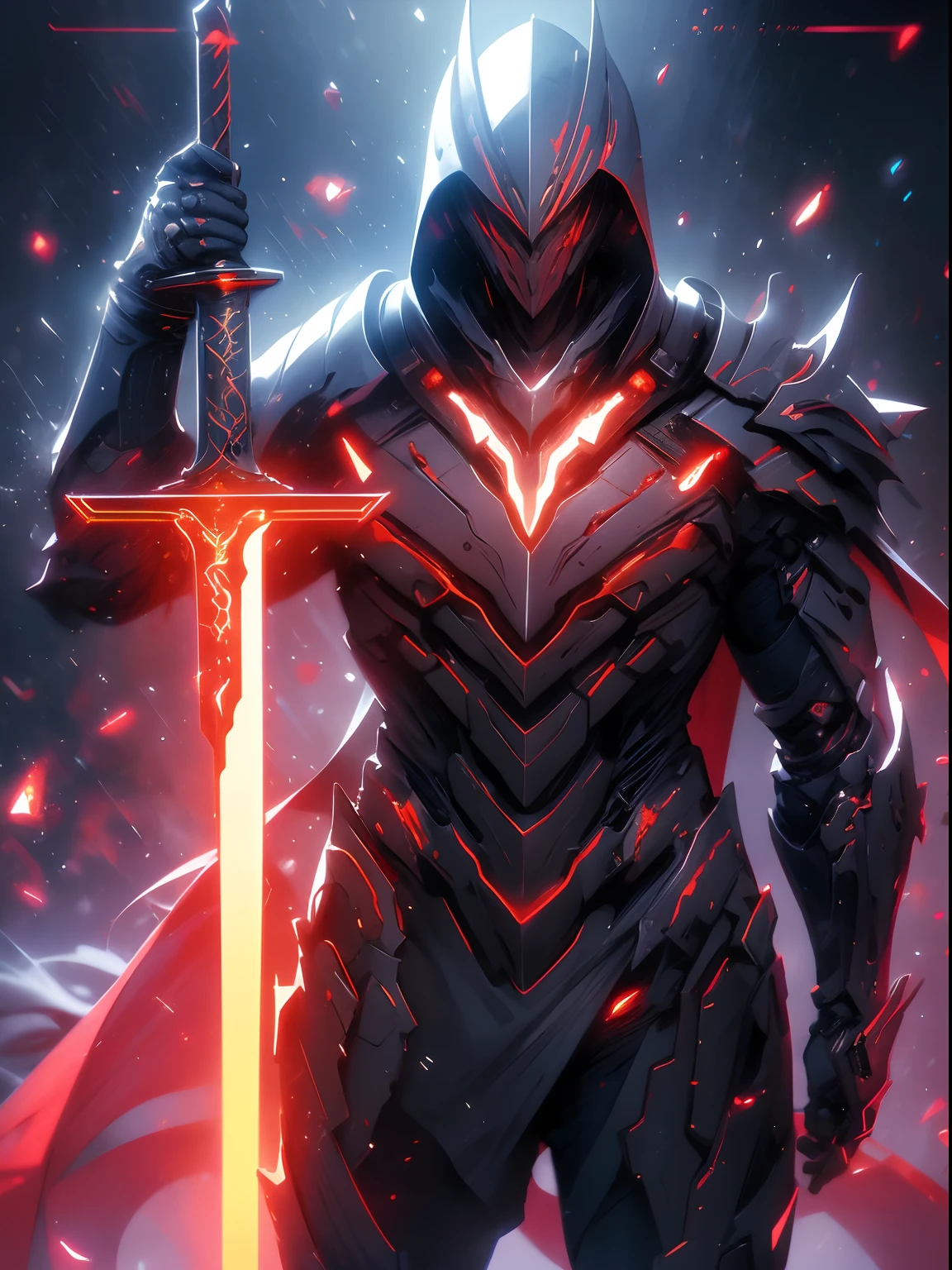 masterpiece, best quality, realistic, shiny, reflective, bioluminic, cybernetic mask, (assassin:1.2), Cyberpunk Knight, killing warrior pose, holding glowing red long sword, Galaxy, GlowingRunes_red, fullbody, cinemnatic, dark background, backlight, high contrast