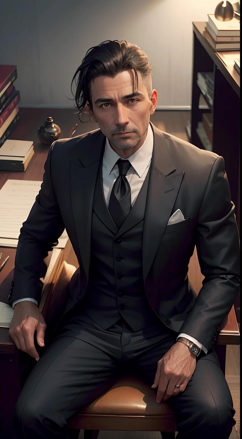 Hot Rich Sage, 45 and.pa, Wear a beautiful black suit, in his mafia office, sits at his desk, looking up at the camera