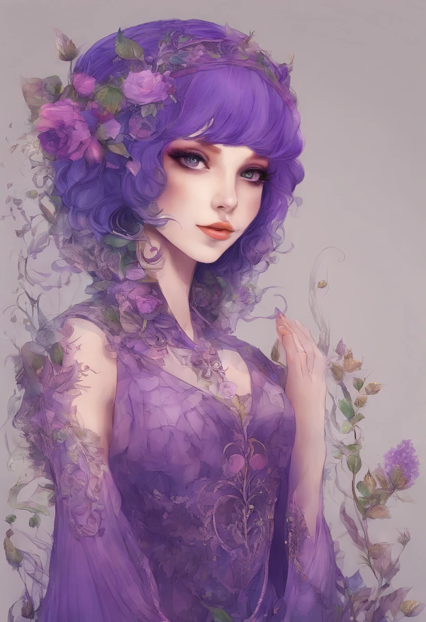 Full length portrait of a beautiful girl with purple hair bob cut wearing a costume with a deep slit::style Mosaic、colourfull、high-detail、Photorealsitic、highcontrast