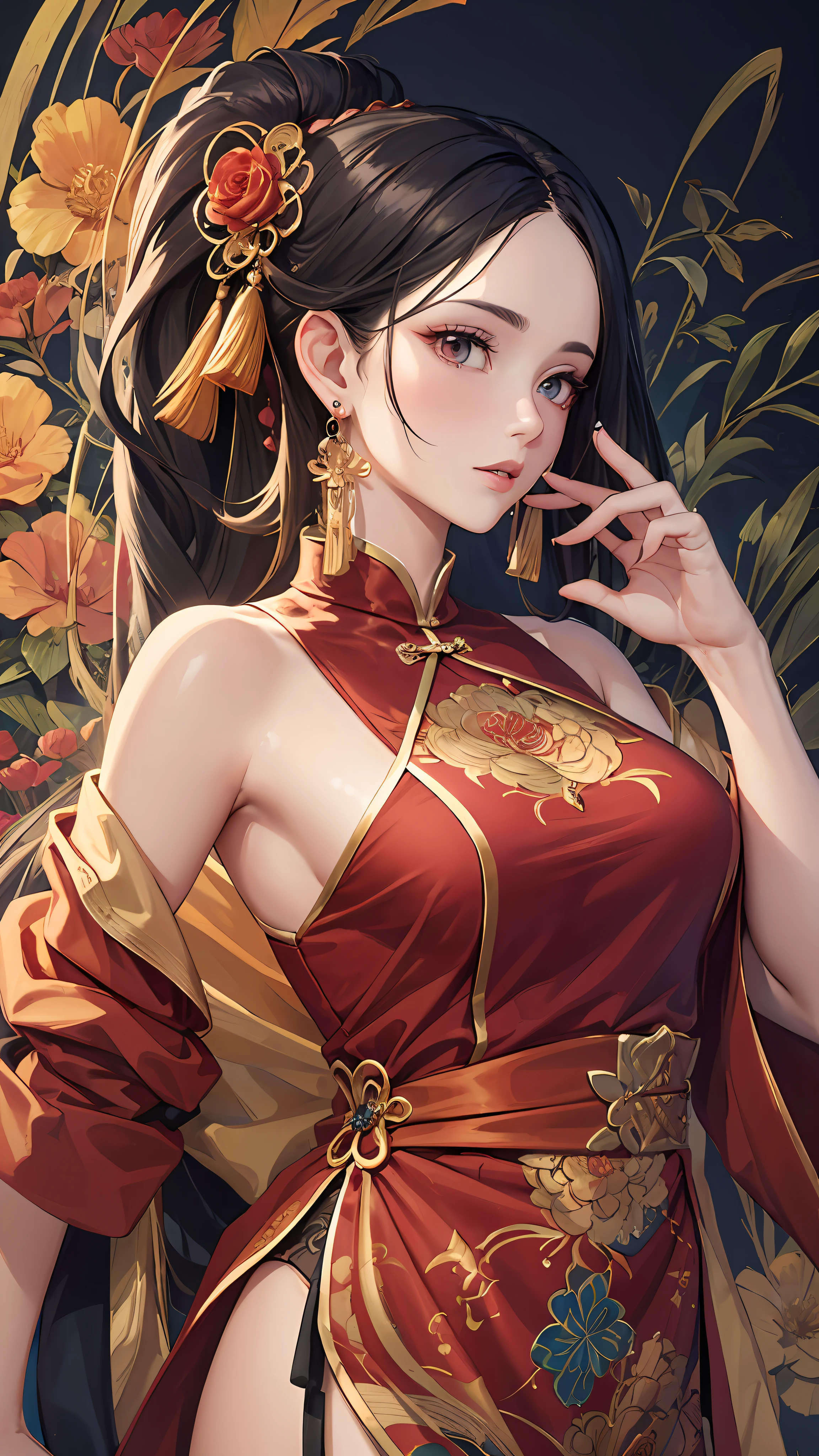 (Masterpiece, Top Quality, Best Quality, Official Art, Beauty and Aesthetics: 1.2), (1girl: 1.3), Very Detailed, (Fractal Art: 1.1), (Color: 1.1), (Flowers: 1.3), Most Detailed, (Zentangle: 1.2), (Dynamic Pose), (Abstract Background: 1.3), (Chinese Dress: 1.2), (Shiny Skin), (many colors:1.4), ,(earrings:1.4),