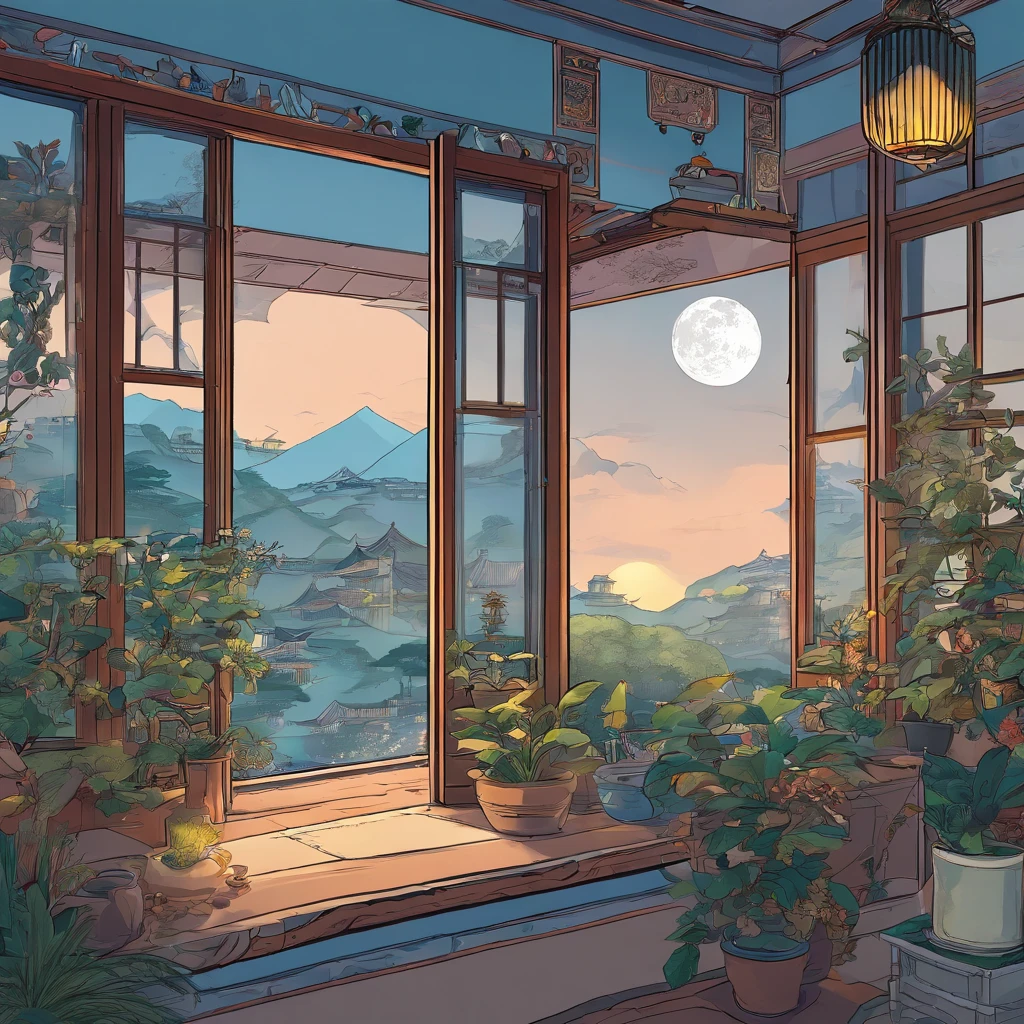 Qing dynasty aesthetic home,sofe,catss,Computer,big window,lots of plants,There is a moon at night,Blue and white color scheme