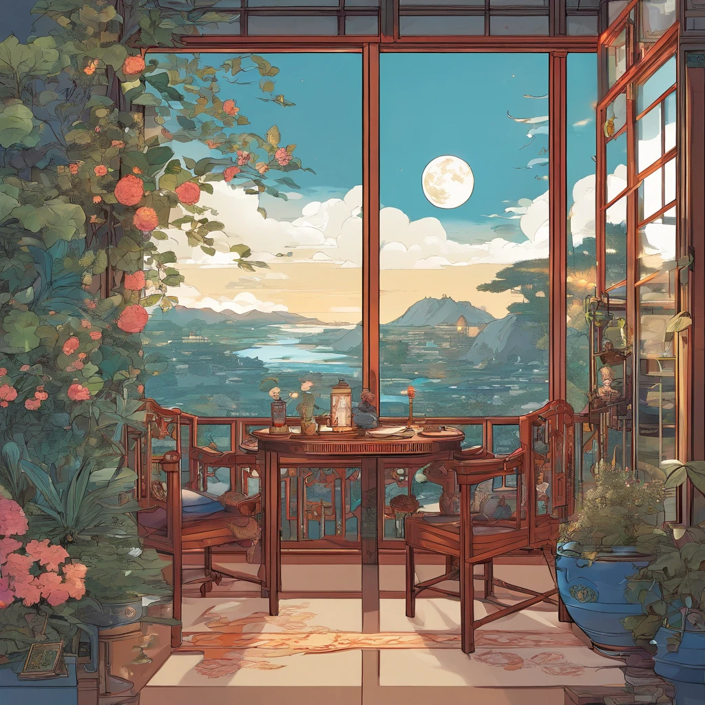 Qing dynasty aesthetic home，sofe，catss，Computer，big window，lots of plants，There is a moon at night，Blue and white color scheme