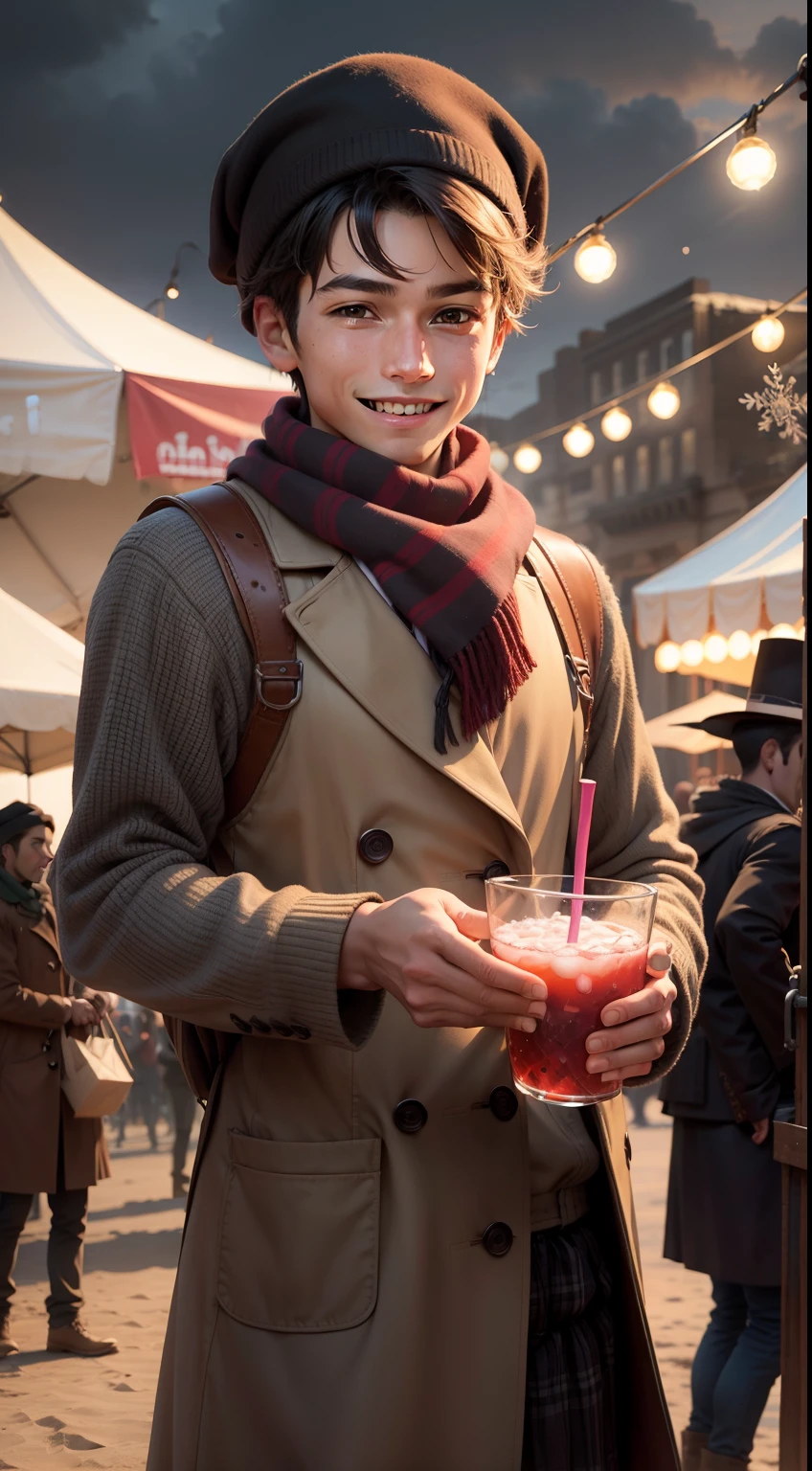Young male vendor,The action is to sell drinks to guests,The expression is smiling,The background is a circus,The weather is winter