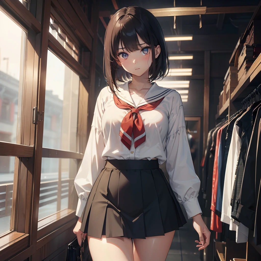 Official art、Best Quality、Unity 8k Wallpapers、32K、masterpiece、ultra-detailliert、超A high resolution、realisitic、Photorealsitic:1.2)、(Cinematic lighting:1.2)、Fireglow effect、film grains、Best Shadows、Rim lighting、side lights、sideshot、(Ultra-detailed and complex 3D rendering)、Detailed beautiful face and eyes、A slender、Medium bust、(Full body:1.2)、 ((In clothing stores))、Highly detailed background、cowboy shot, detailed faces and eyes、beauitful face、blurry backround、16-year-old beautiful girl、shinny skin、short-hair、Beautiful black hair、Blunt bangs、Red Eye、(Katyusha:1.2)、a sailor suit、Mini skirt、Curve、thighs thighs thighs thighs、Watery Big Eyes,Pouting,long eyelasher