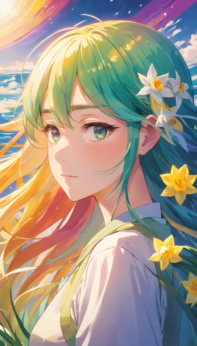 (Beauty side face,Long colored hair,closing her eyes,Masterpiece Narcissus),with rainbow colored background, (illustration:1.2,paper art:1.2, zentangle, a 3D render),(Best quality, high detal, masutepiece, Cinematic lighting, 4K, Chiaroscuro)