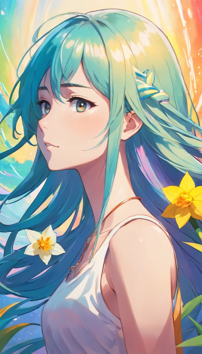 (Beauty side face,Long colored hair,closing her eyes,Masterpiece Narcissus),with rainbow colored background, (illustration:1.2,paper art:1.2, zentangle, a 3D render),(Best quality, high detal, masutepiece, Cinematic lighting, 4K, Chiaroscuro)