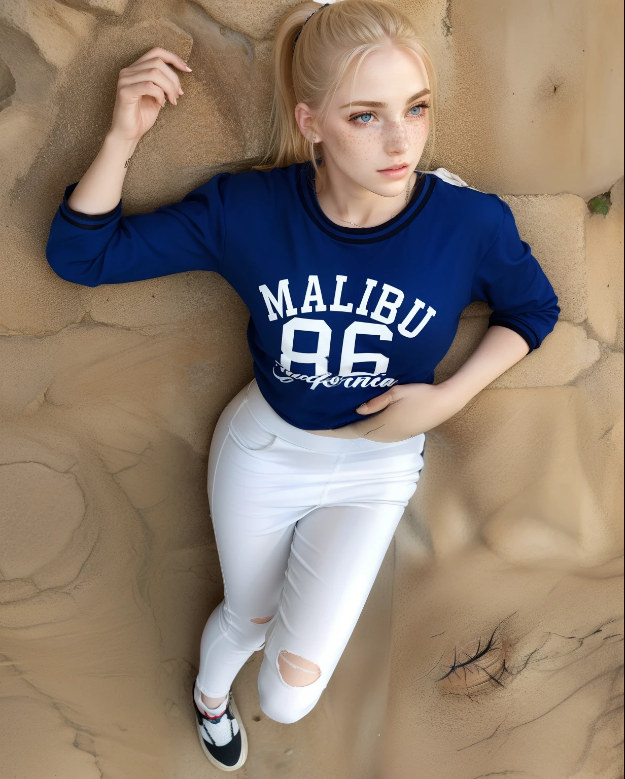Rosto de uma mulher, americana, 20 anos, pale skin and freckles, olhos cinzas, nariz delicado, soft and delicate lips, cabelo blondie cinza ponytail