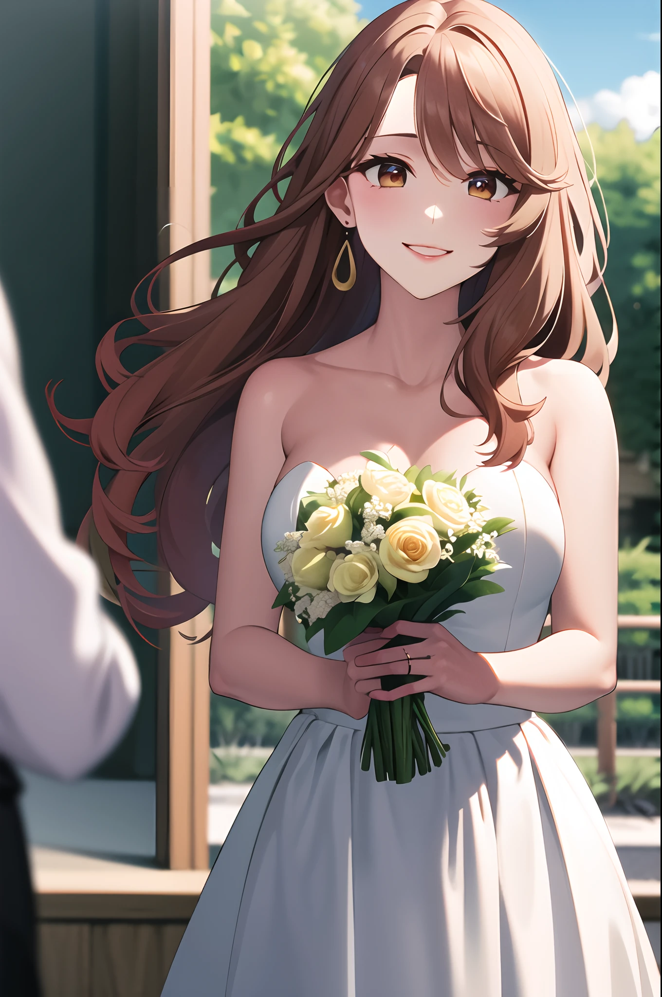 masterpiece, best quality, highres, wedding dress, holding bouquet, garden, smile, aamiyako, long hair, jewelry, earrings